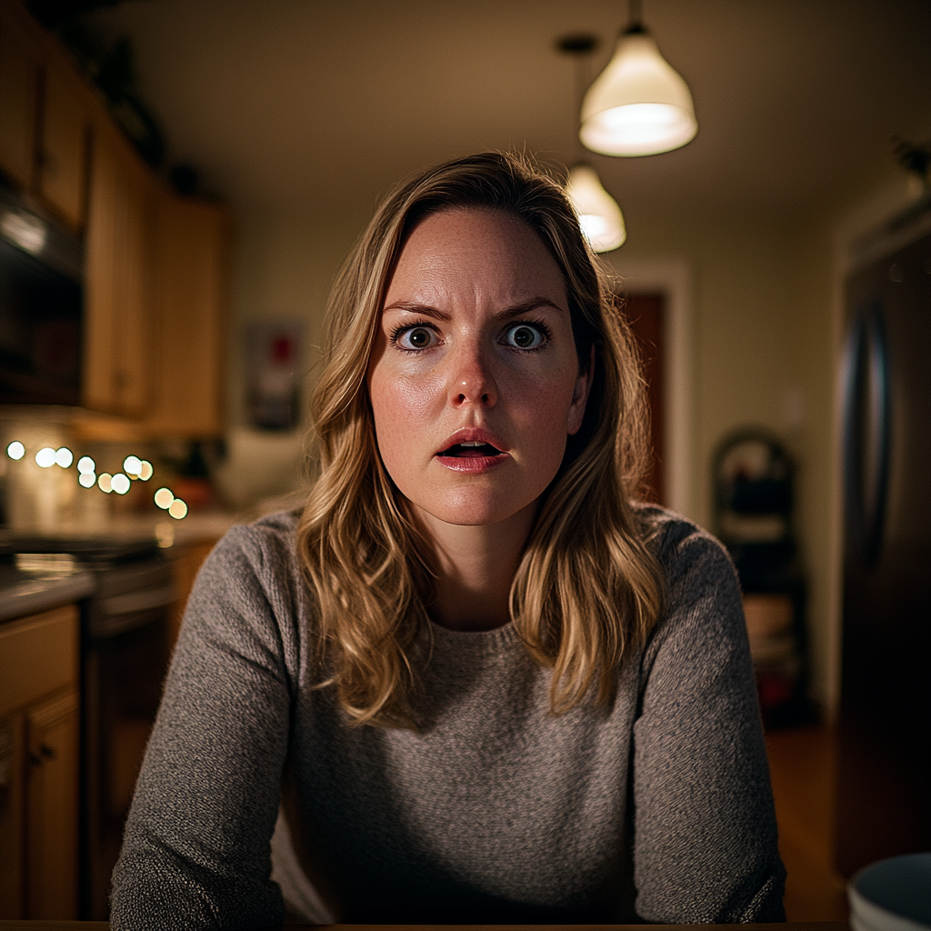 A surprised woman sitting at the kitchen table | Source: Midjourney