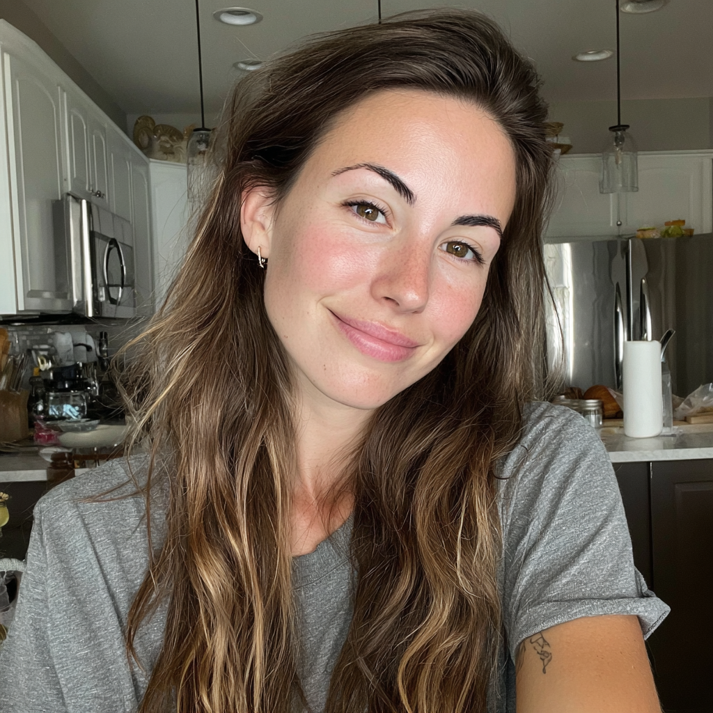A smiling woman sitting at a kitchen counter | Source: Midjourney