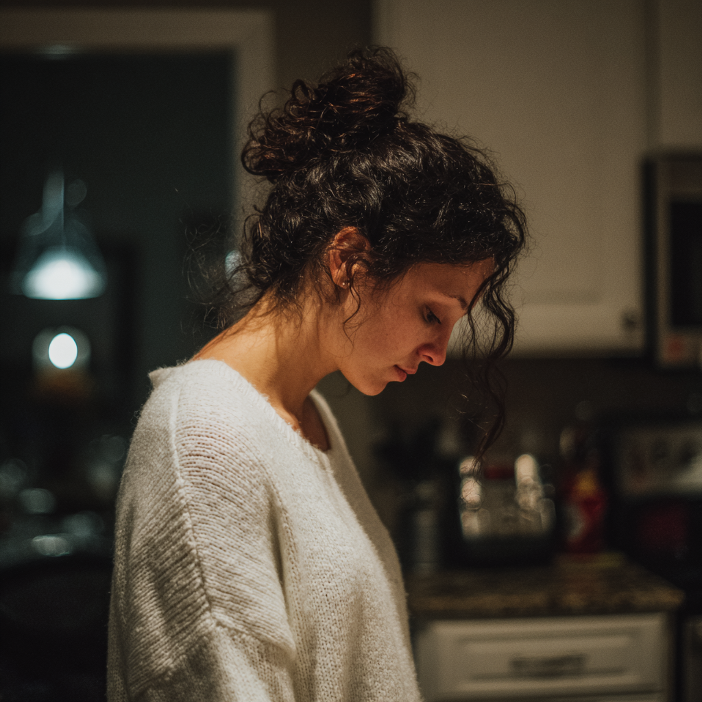 An emotional woman standing in a kitchen | Source: Midjourney