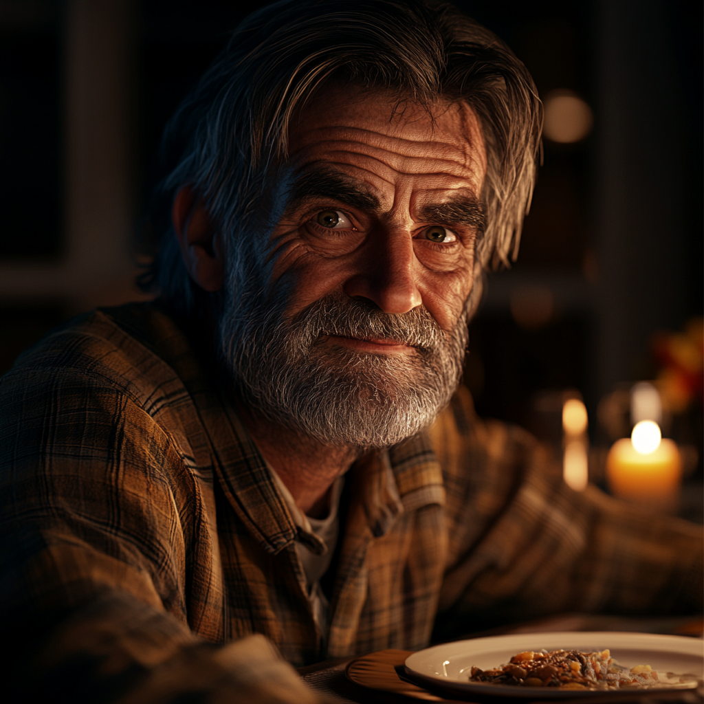 A smiling older man seated at a dining table | Source: Midjourney