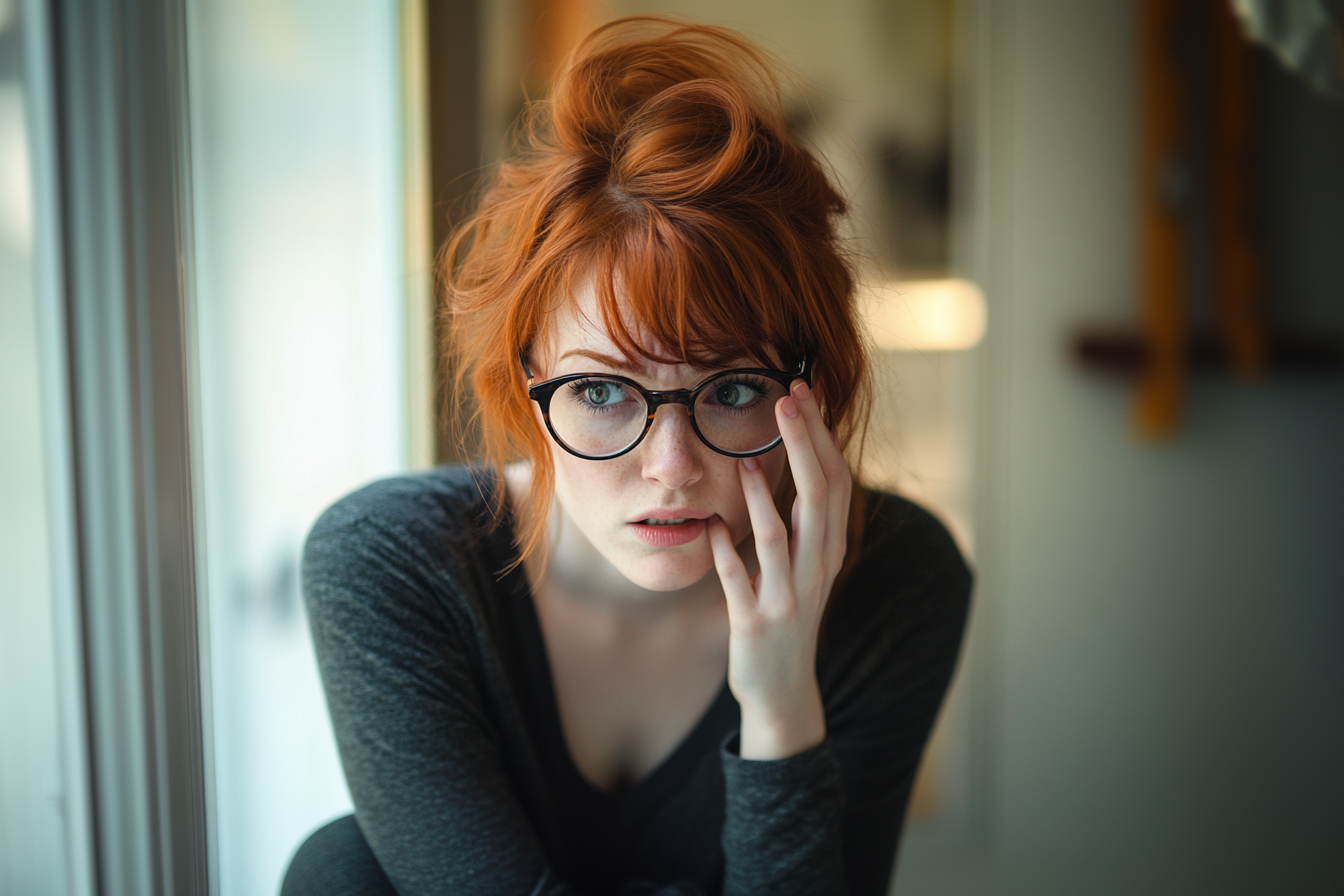 A stressed woman standing in a bathroom | Source: Midjourney