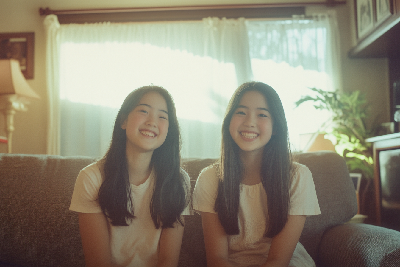 Twin teenage girls sitting on a couch, smiling warmly | Source: Midjourney