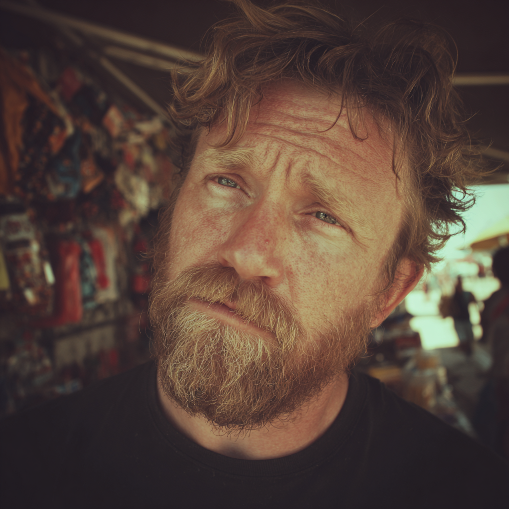 A frowning man standing at a flea market | Source: Midjourney