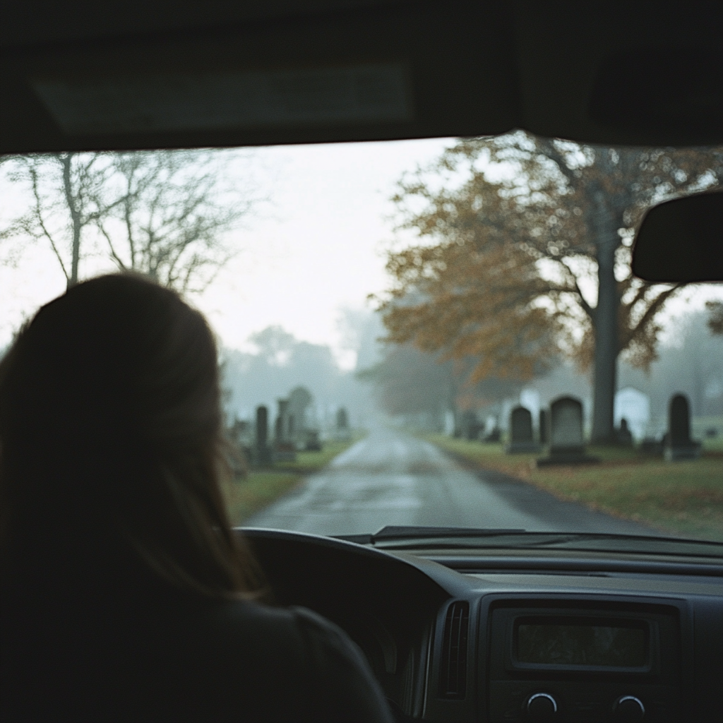 A woman driving to a cemetery | Source: Midjourney