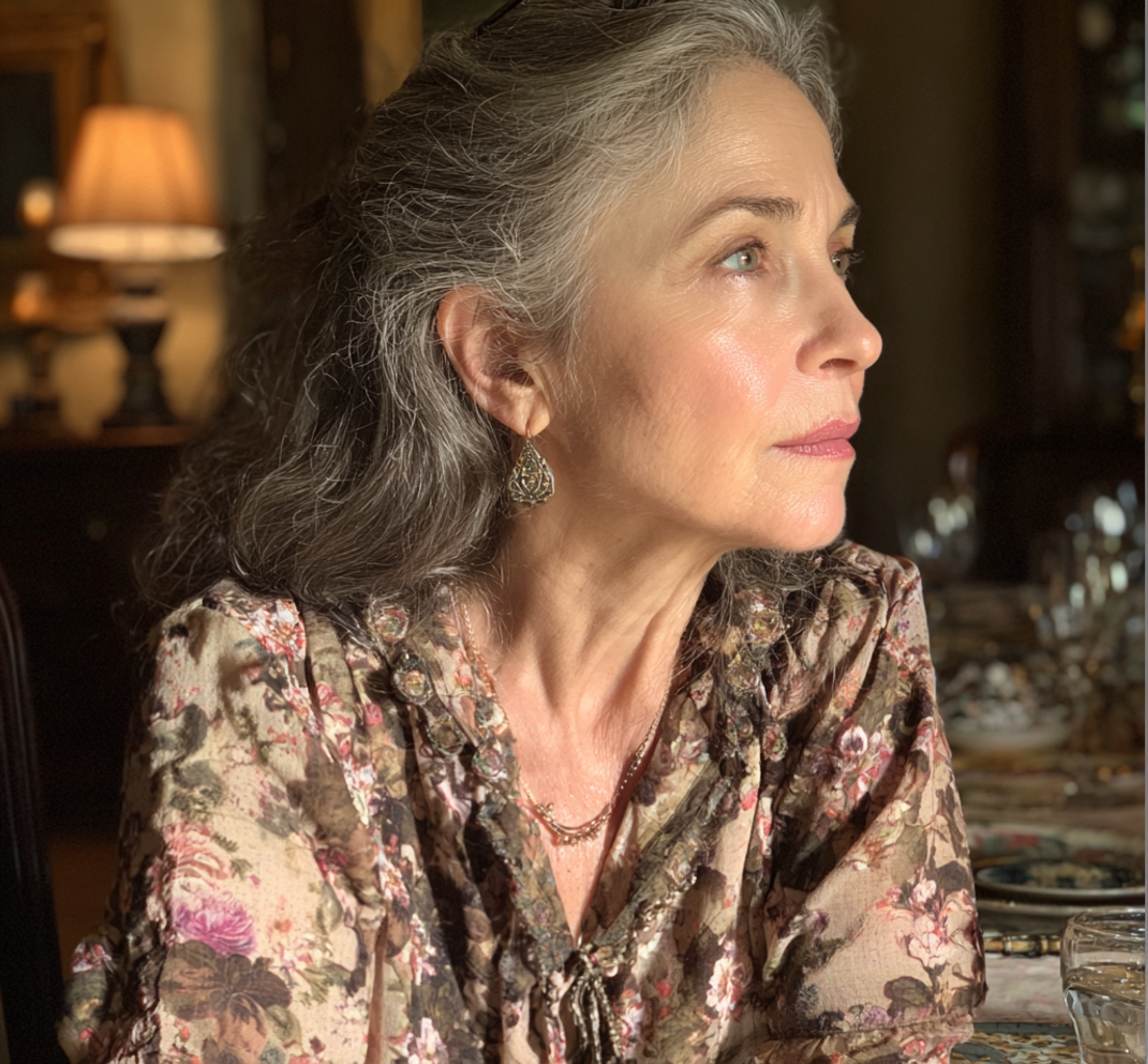 A pensive older woman wearing a floral blouse | Source: Midjourney