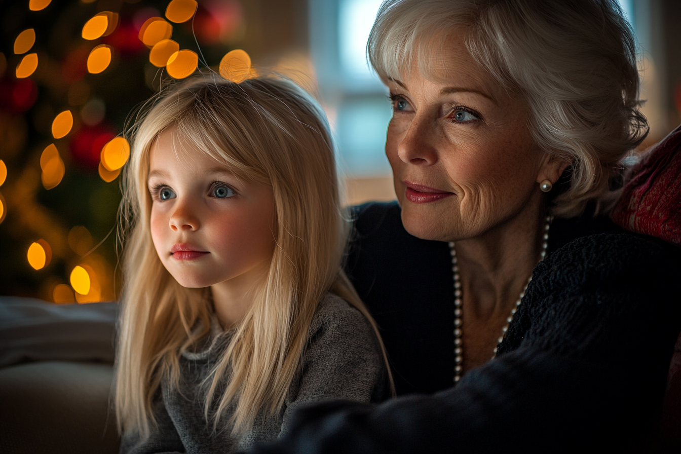 A woman in her 60s sitting on a couch with her little granddaughter watching movies | Source: Midjourney