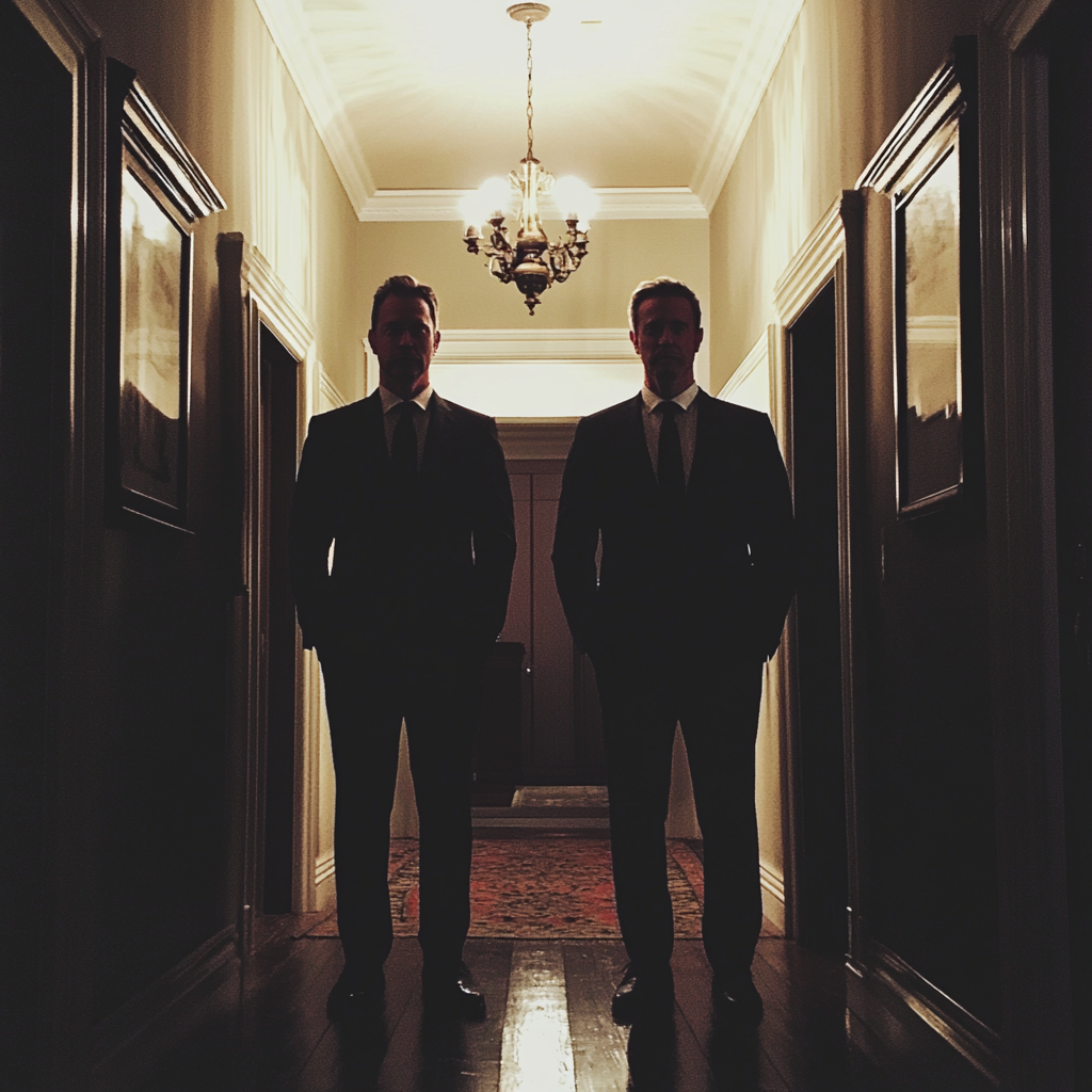 Two men standing in a hallway | Source: Midjourney