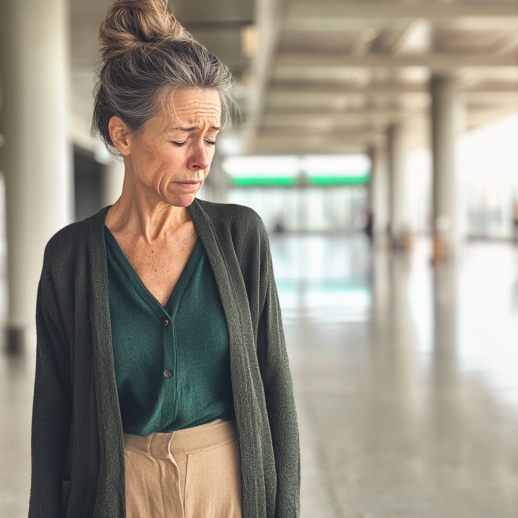 An emotional woman in an airport | Source: Midjourney
