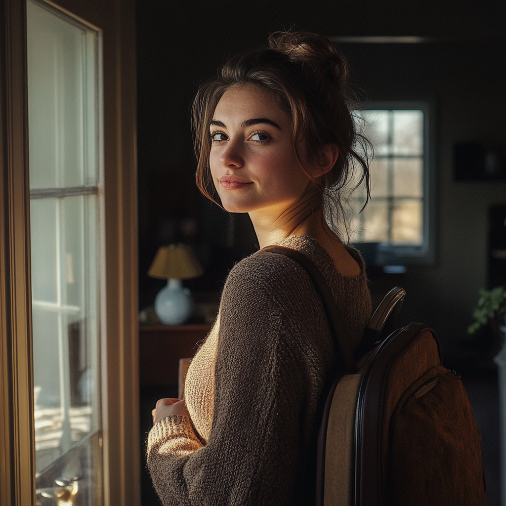 Woman wearing her backpack standing at the door | Source: Midjourney