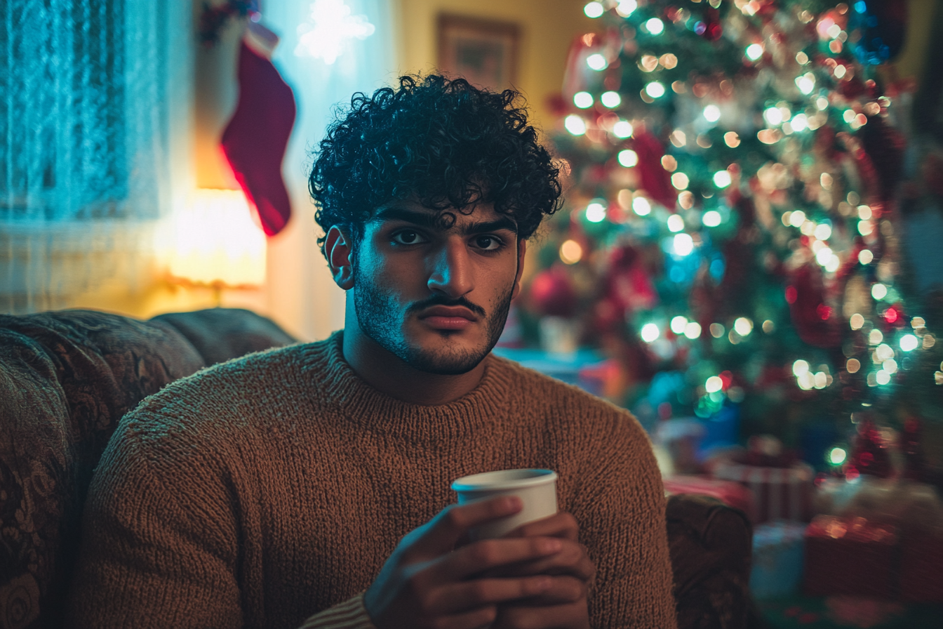 A man holding a cup, sitting on a sofa | Source: Midjourney