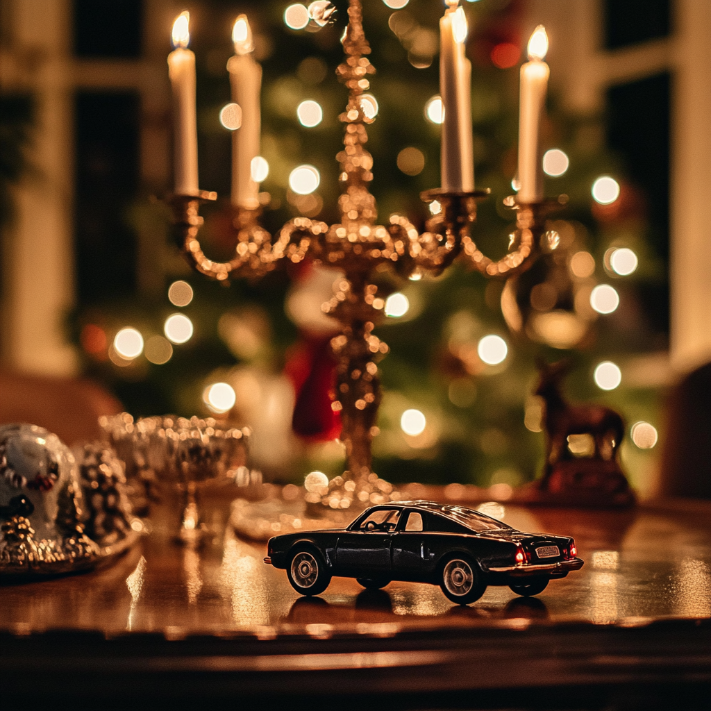 A toy car driving towards the candelabra | Source: Midjourney