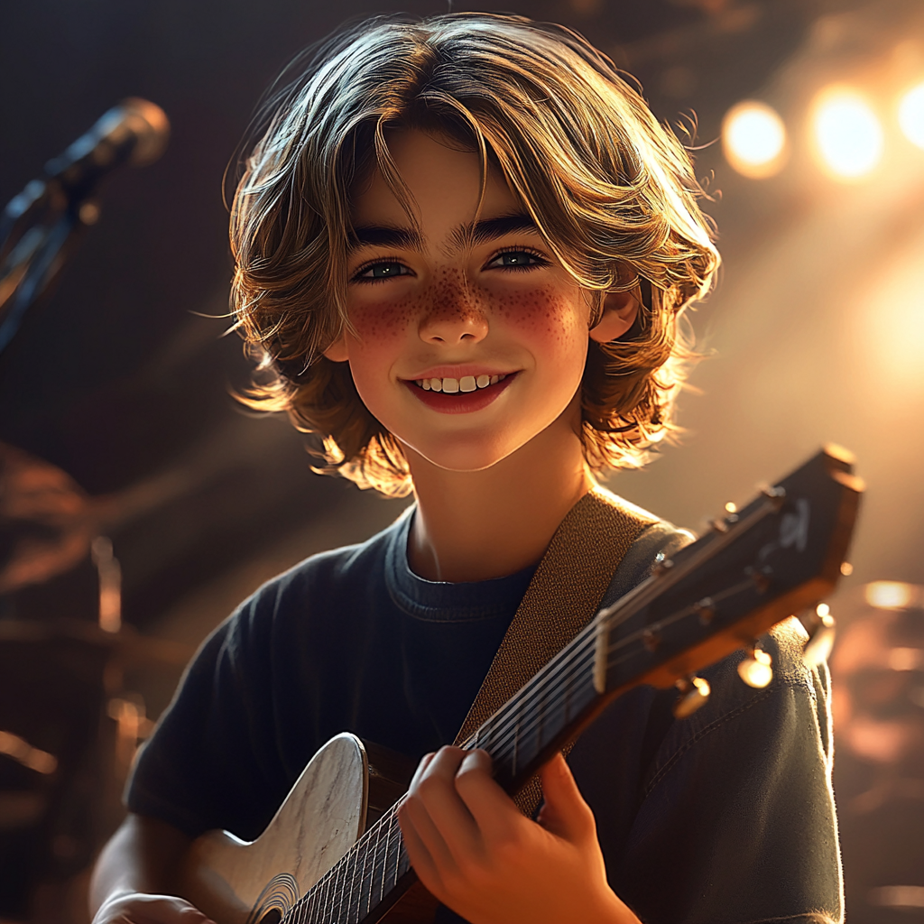 A delighted boy playing a guitar on the stage | Source: Midjourney