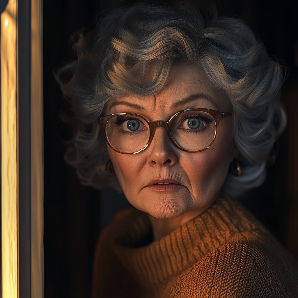 A worried older lady at the doorway | Source: Midjourney