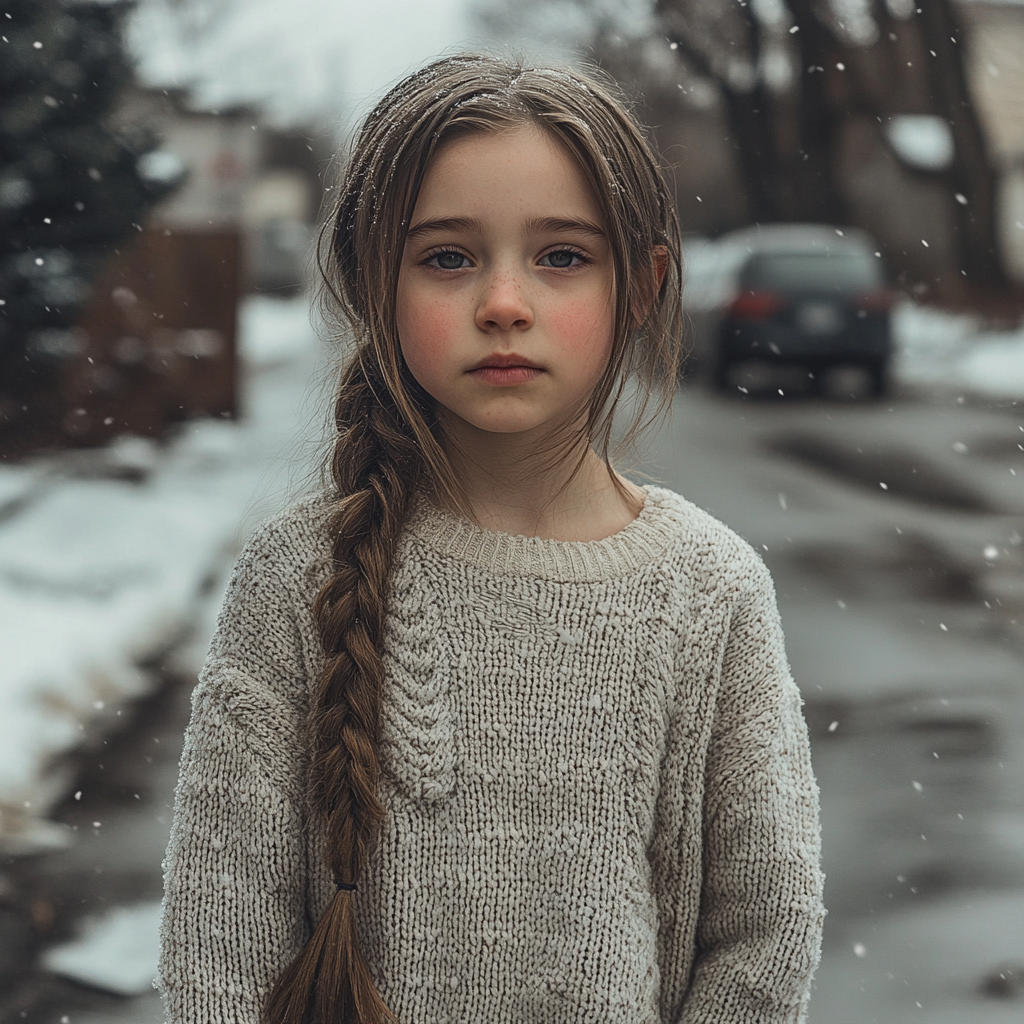 A young girl in a thin sweater is standing in the cold | Source: Midjourney