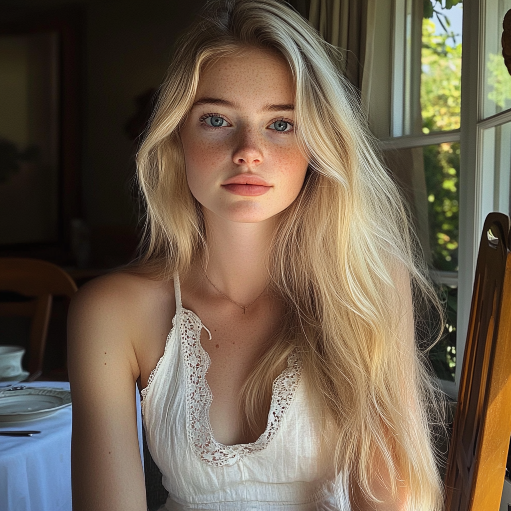 A young woman sitting at a dinner table | Source: Midjourney