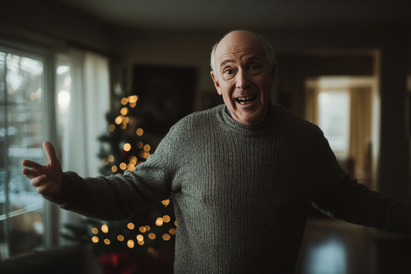 Man in his 60s shrugging in a living room with a Christmas tree | Source: Midjourney