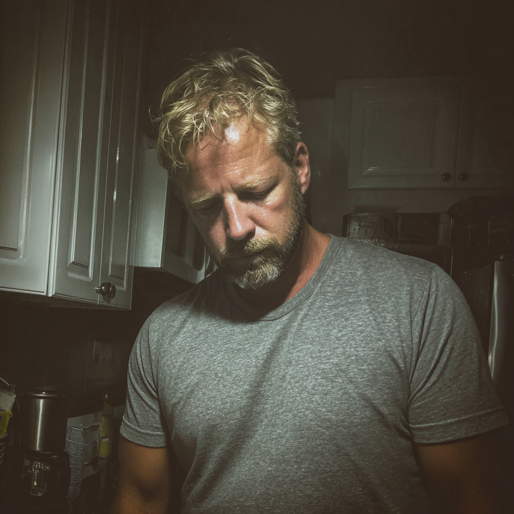 An emotional man standing in a kitchen | Source: Midjourney