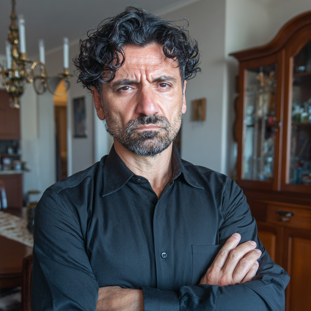 An angry man standing with folded arms | Source: Midjourney