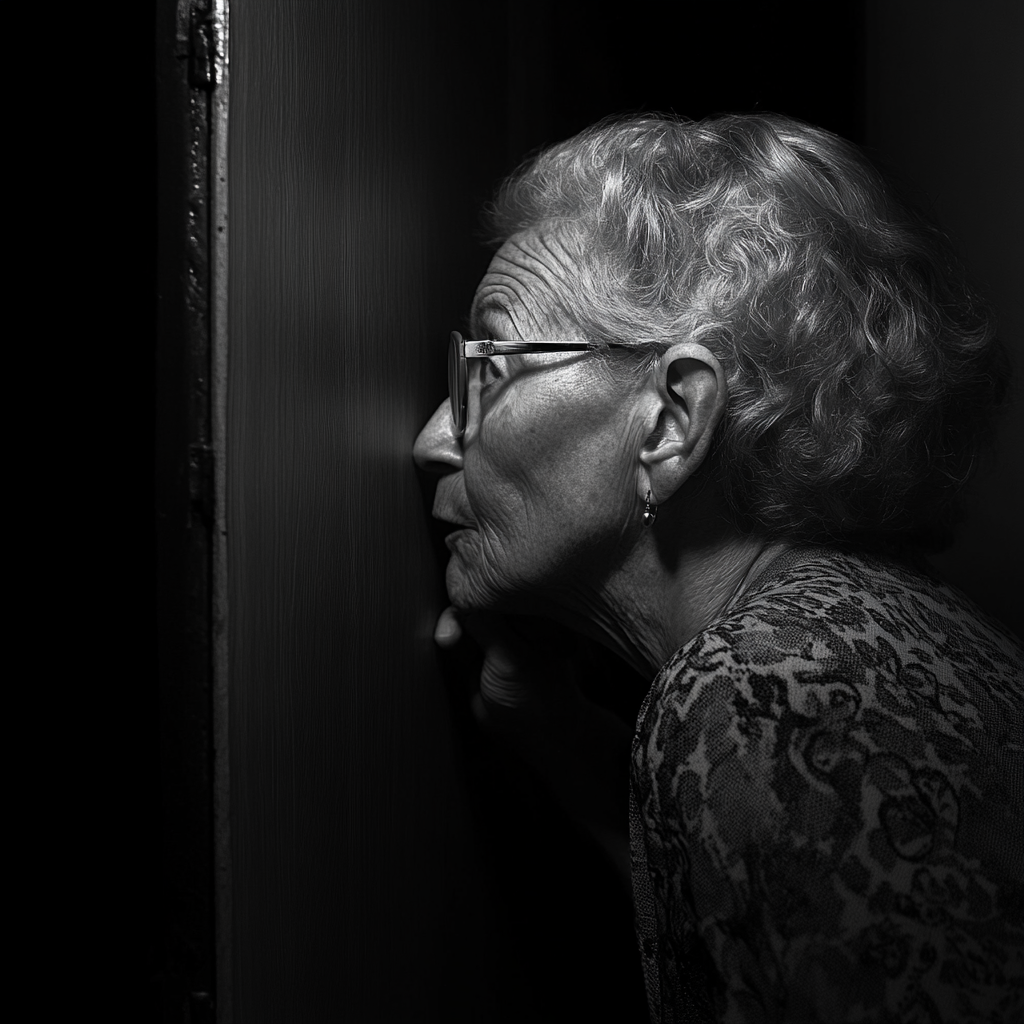 A woman whispering to a basement door | Source: Midjourney