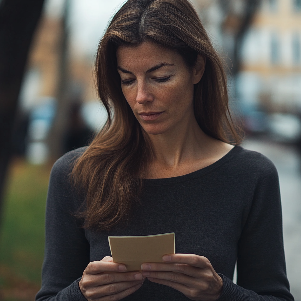 A woman looking at a note | Source: Midjourney