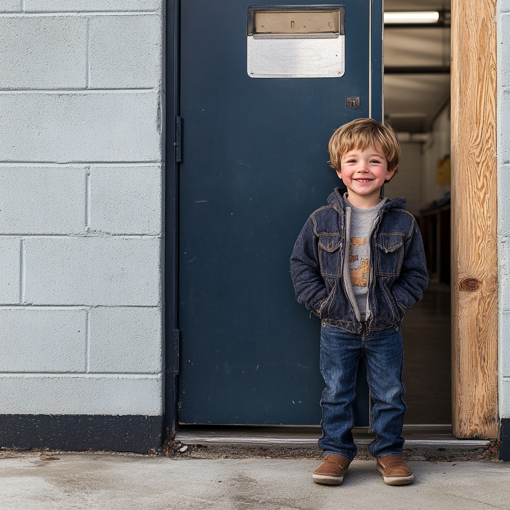 A smiling boy standing next to a basement door | Source: Midjourney