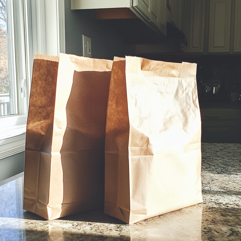Sacos de papel pardo em um balcão de cozinha | Fonte: Midjourney