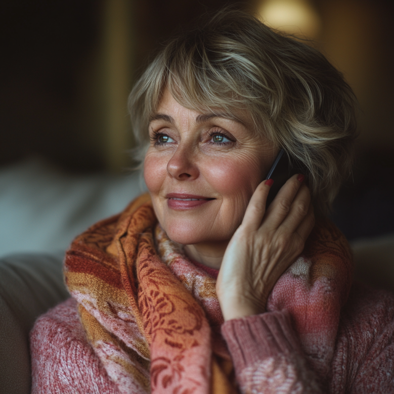 Una donna felice al telefono | Fonte: Midjourney