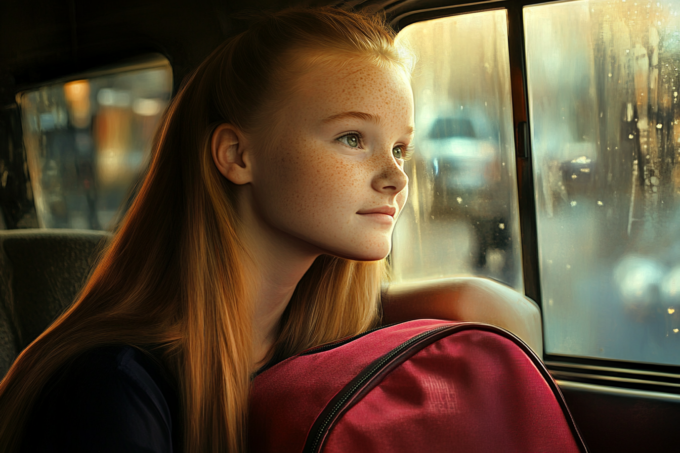 A teen girl staring out a taxi window | Source: Midjourney