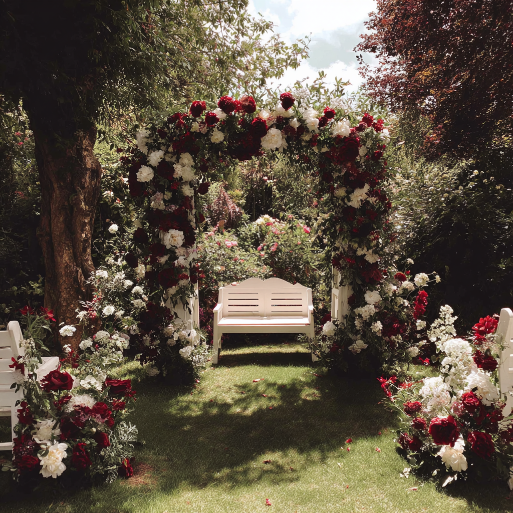 A red and white floral wedding setting | Source: Midjourney