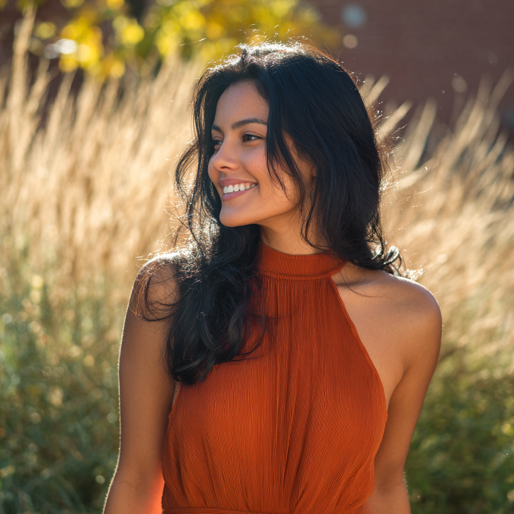 A beautiful woman wearing an orange dress | Source: Midjourney