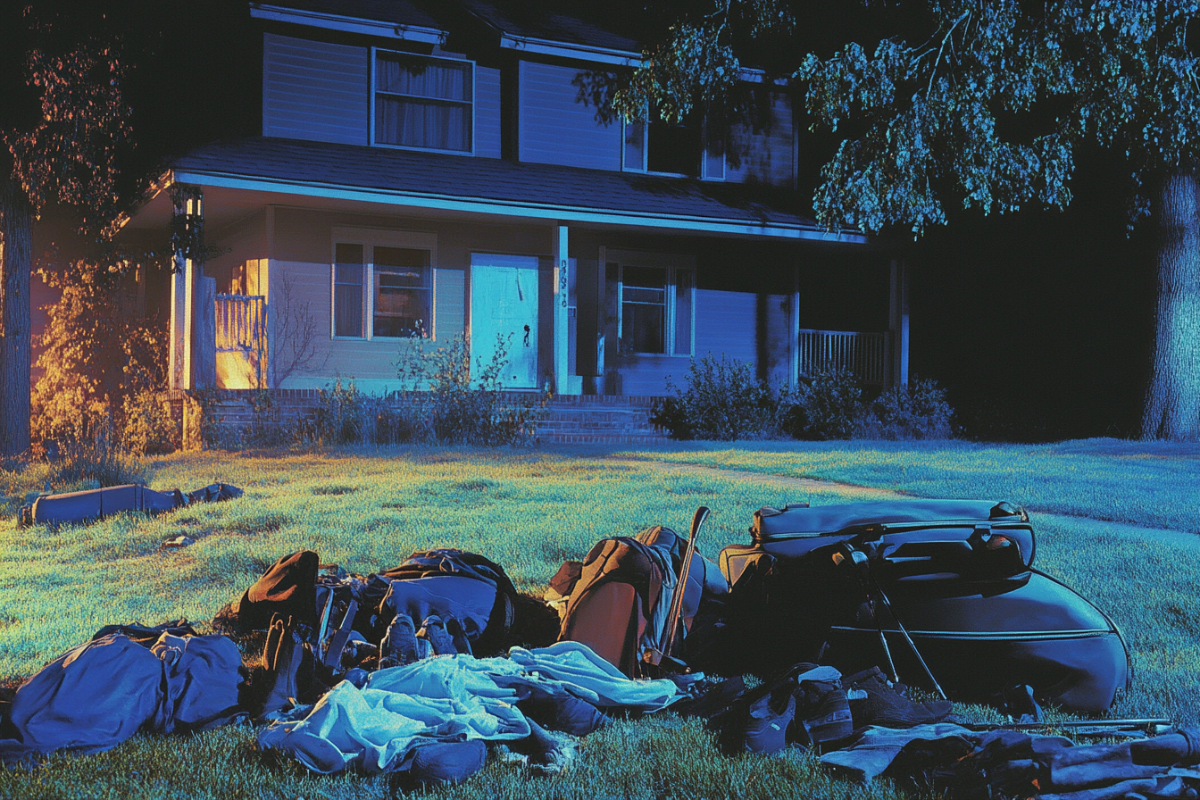 Clothes and other belongings scattered on the front lawn of a house at night | Source: Midjourney