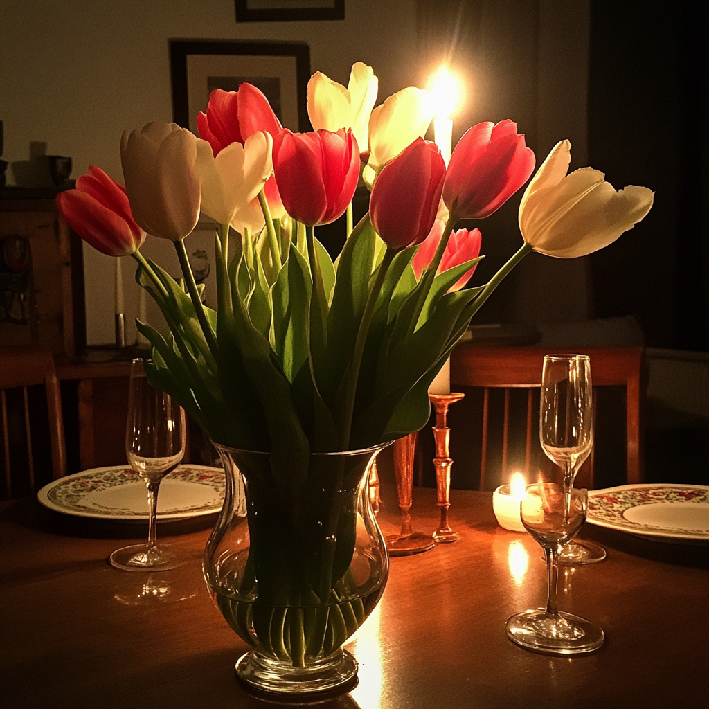 A vase of tulips on a dining table | Source: Midjourney