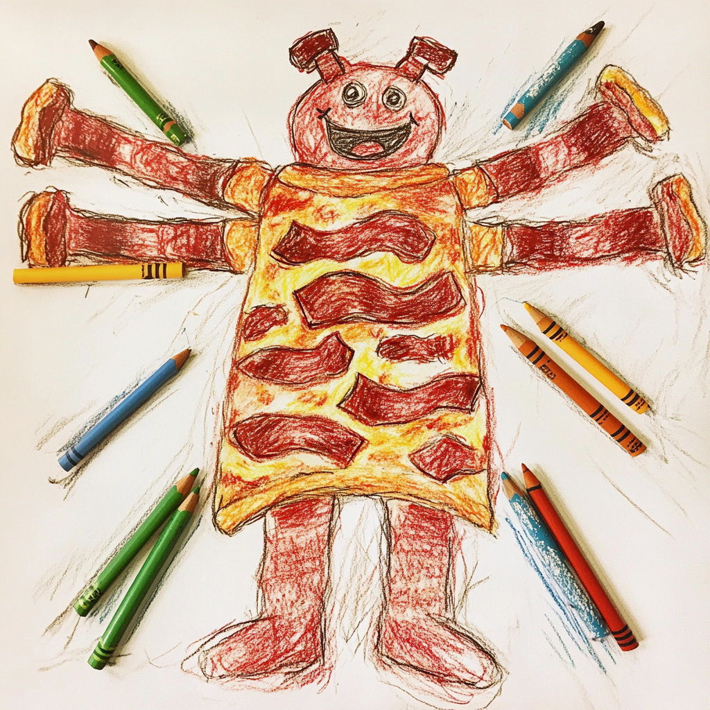 A child's drawing of a pizza with bacon arms | Source: Midjourney