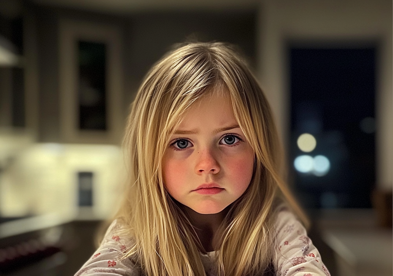 A little girl sitting at a kitchen counter | Source: Midjourney