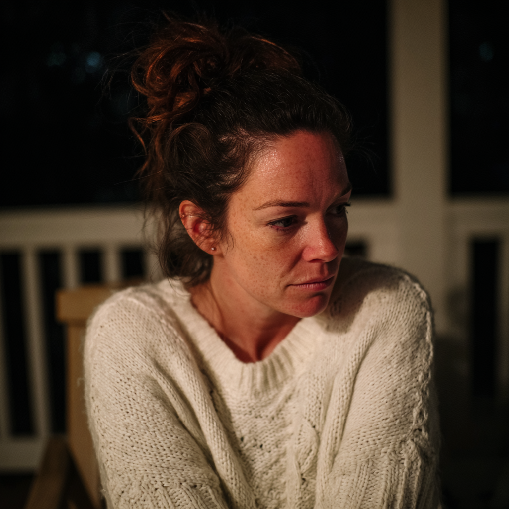 An upset woman sitting on a porch | Source: Midjourney