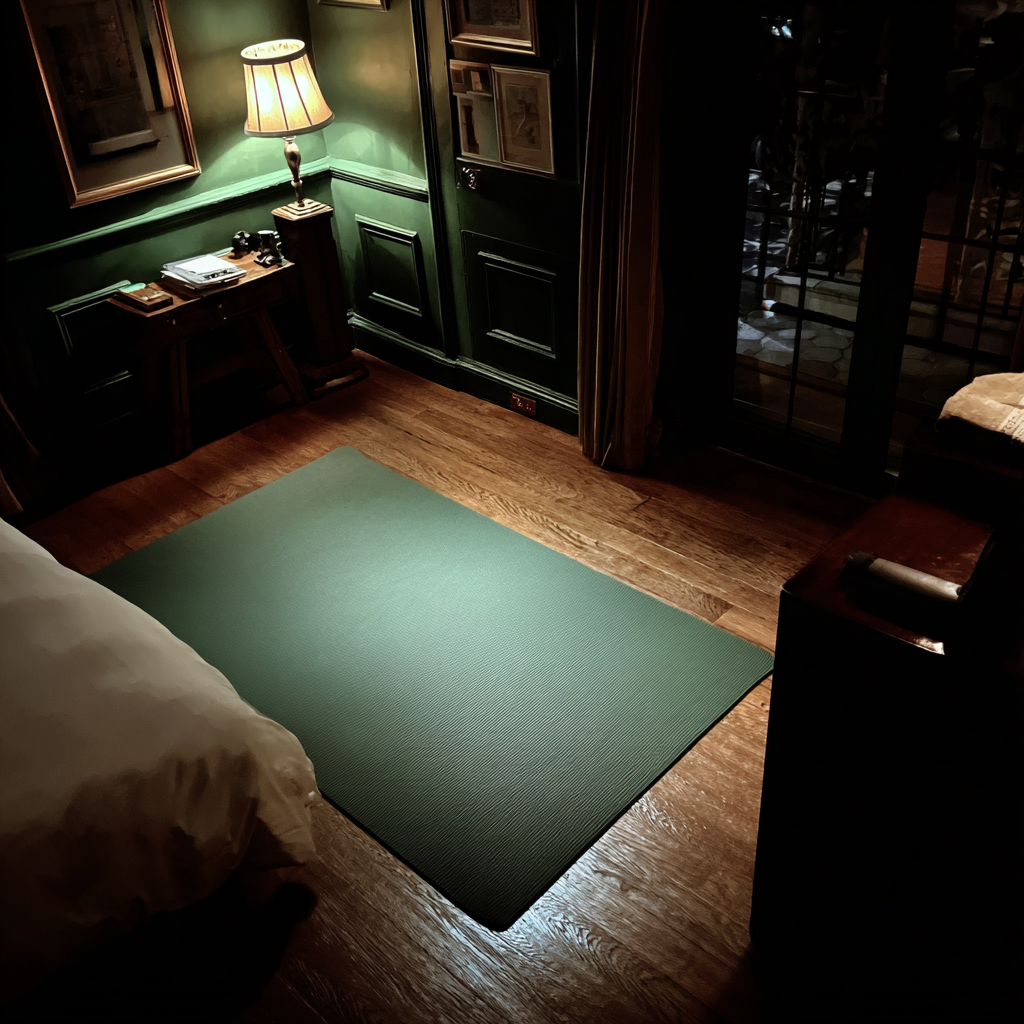 A thin green exercise mat on the floor of a bedroom | Source: Midjourney