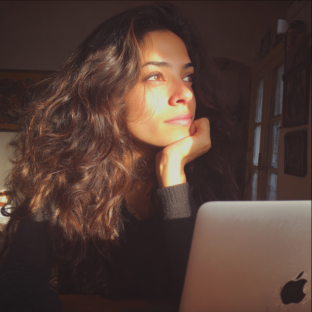 A pensive woman sitting with her laptop | Source: Midjourney