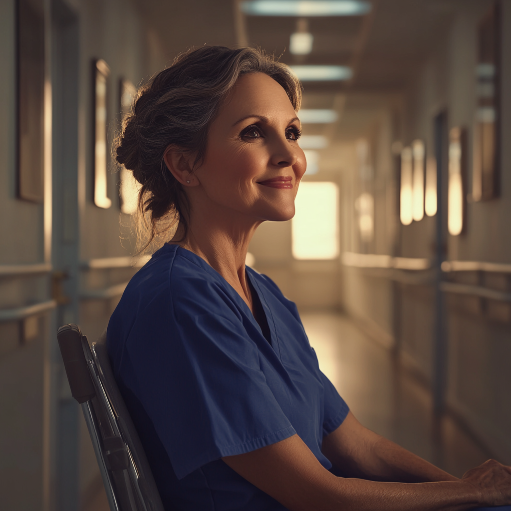 A nurse sitting on a chair and smiling | Source: Midjourney