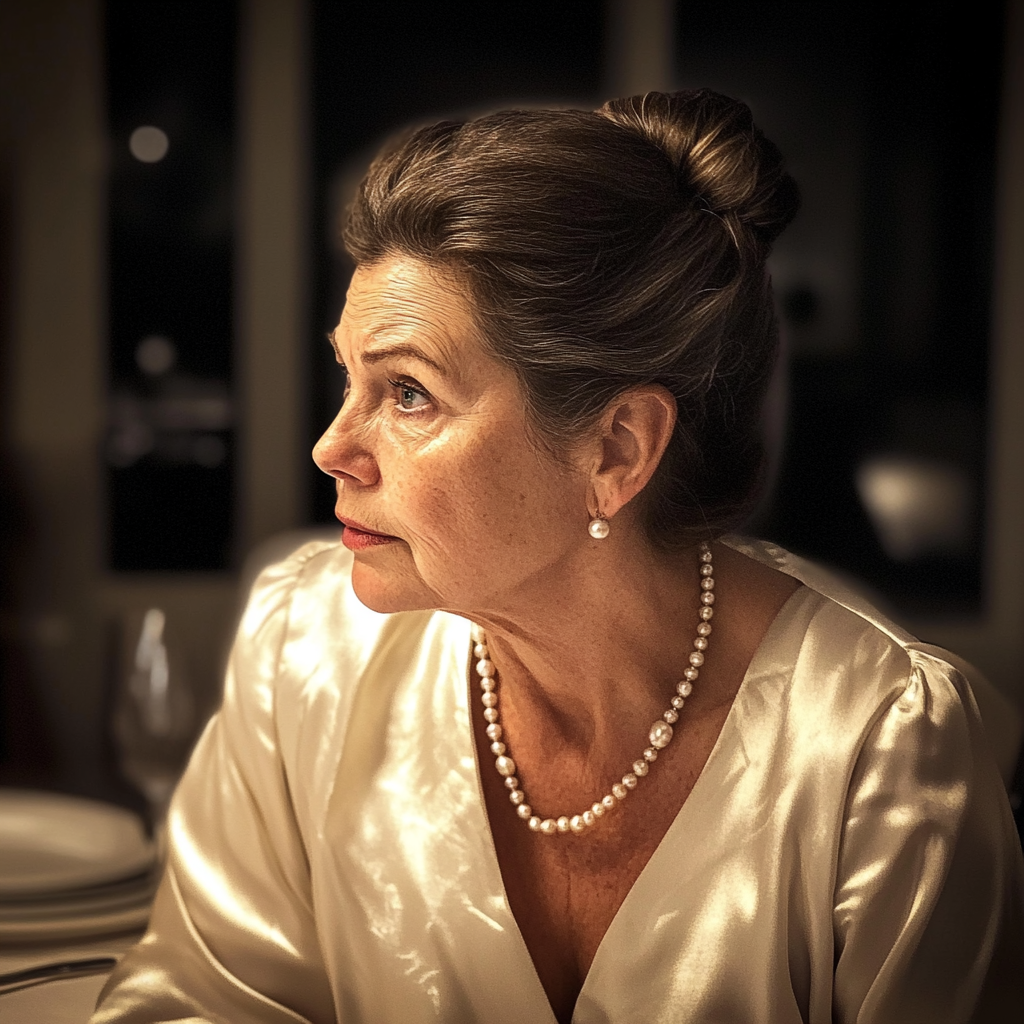 An older woman sitting at a dining table | Source: Midjourney