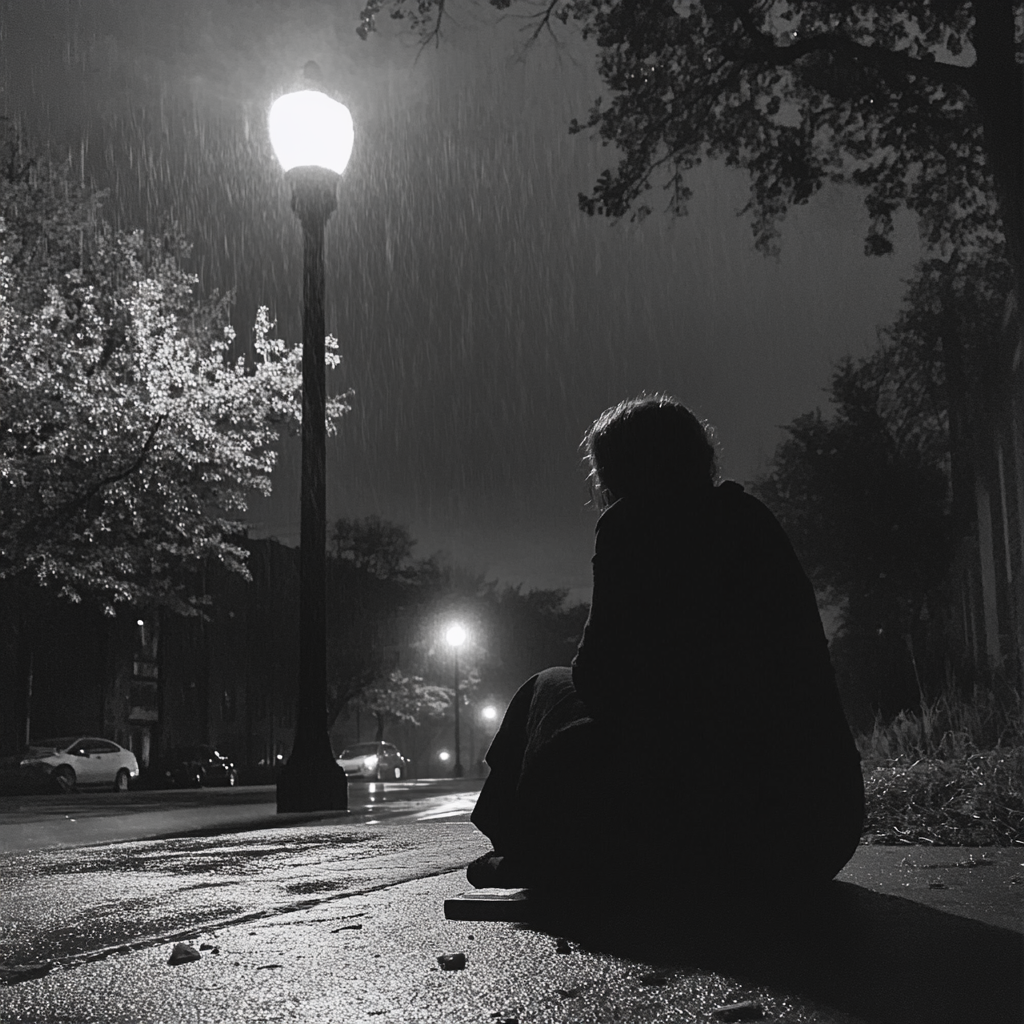 A woman sitting on a sidewalk in the rain | Source: Midjourney