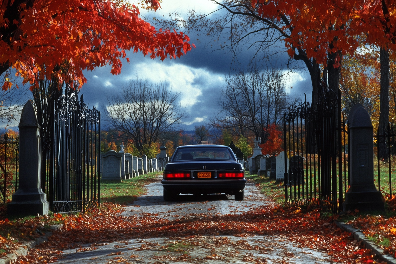 A car driving through cemetery gates | Source: Midjourney