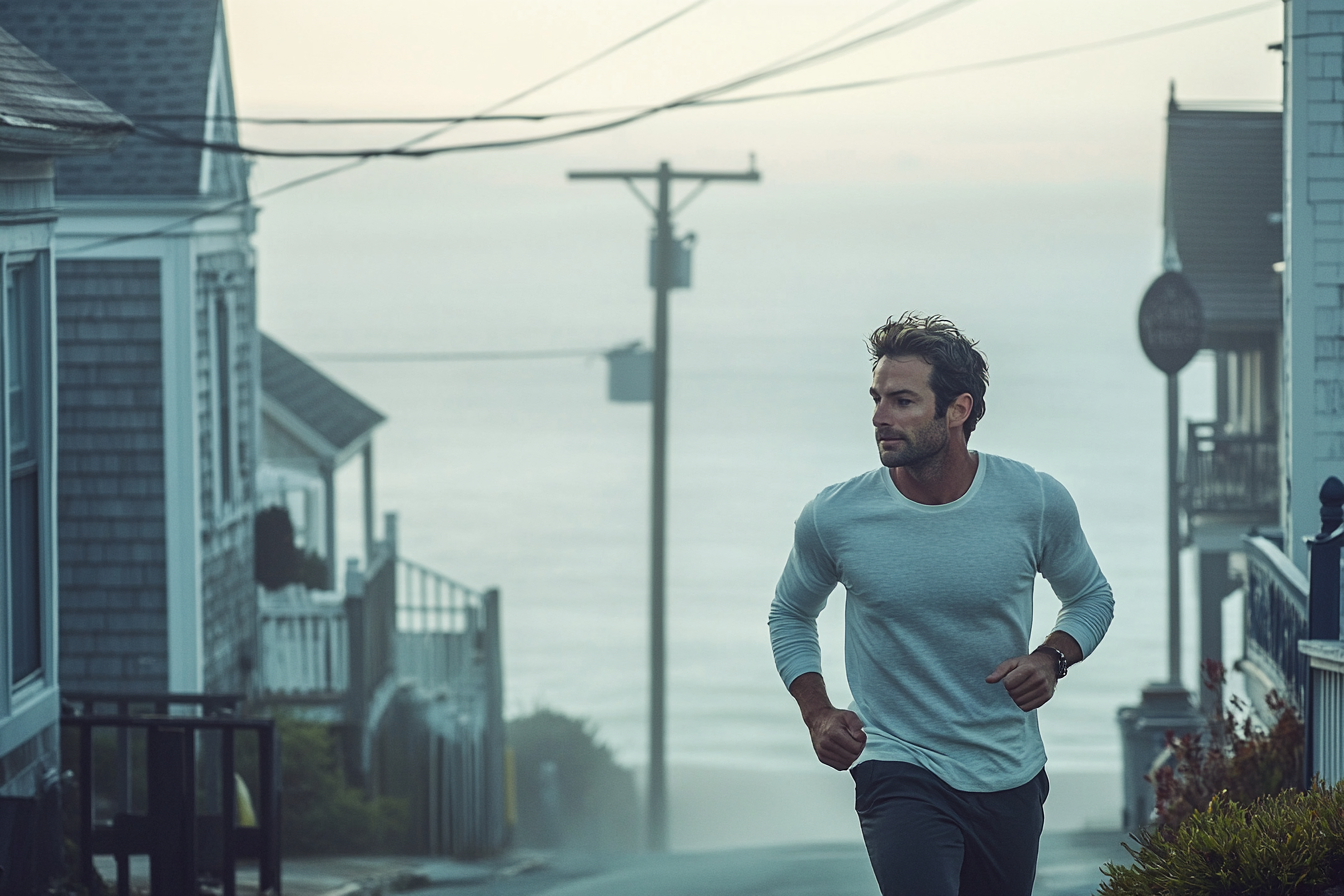 A man jogging down a street | Source: Midjourney