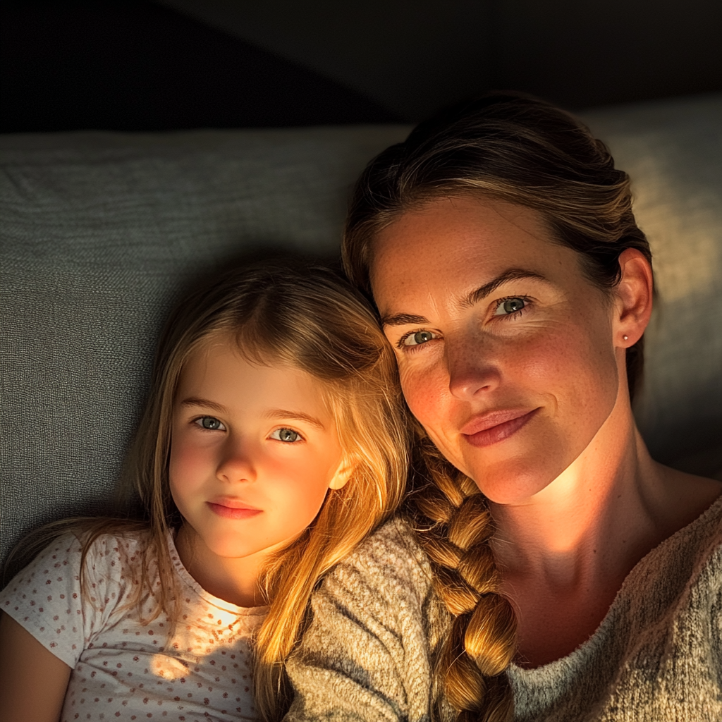 A mother and daughter duo sitting on a couch | Source: Midjourney