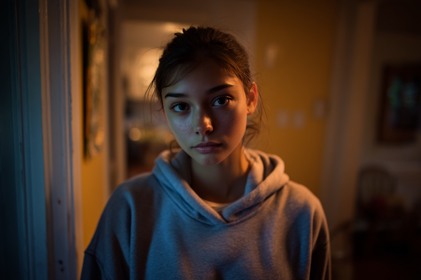 A teen girl standing in her house | Source: Midjourney