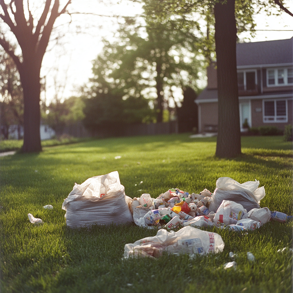 Bags of trash on a front yard | Source: Midjourney