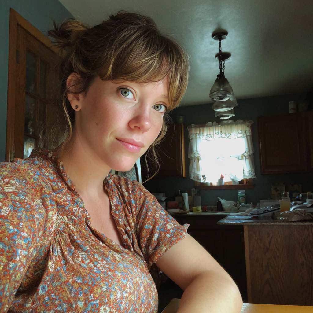 A woman sitting at a kitchen table | Source: Midjourney