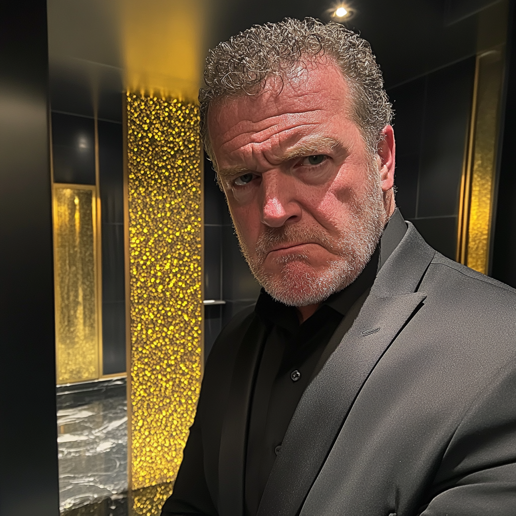 An angry older man standing in a bathroom | Source: Midjourney