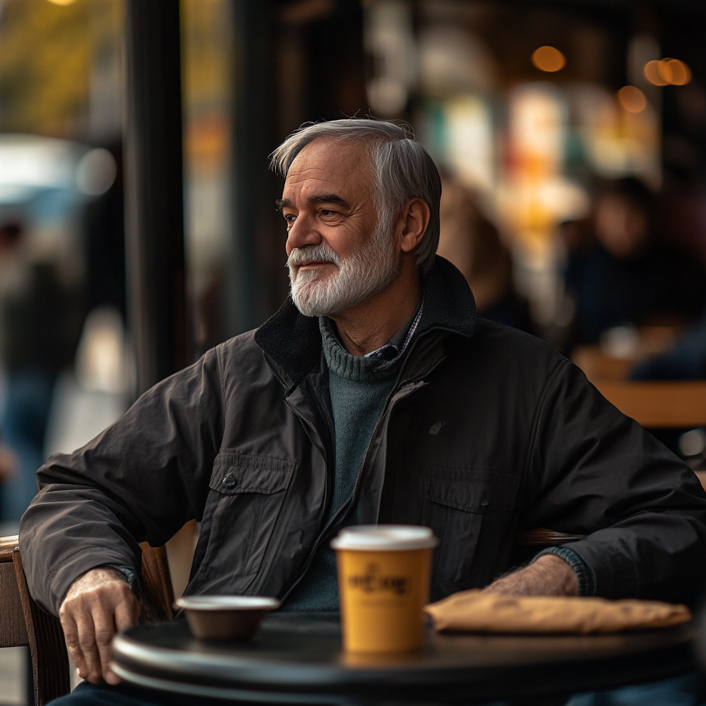 An old man looks away while sitting in a café | Source: Midjourney