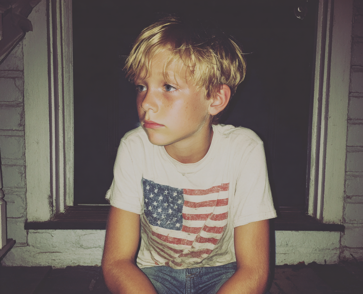 A sleepy little boy sitting on a porch step | Source: Midjourney