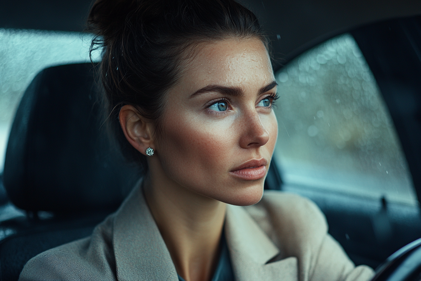 Woman in her 30s driving on a rainy road | Source: Midjourney